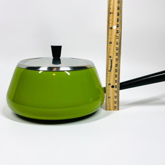 60s Olive Green Enamel Fondue Pot and Lid Midcentury Modern Sleek Cookware - Picture 8 of 10